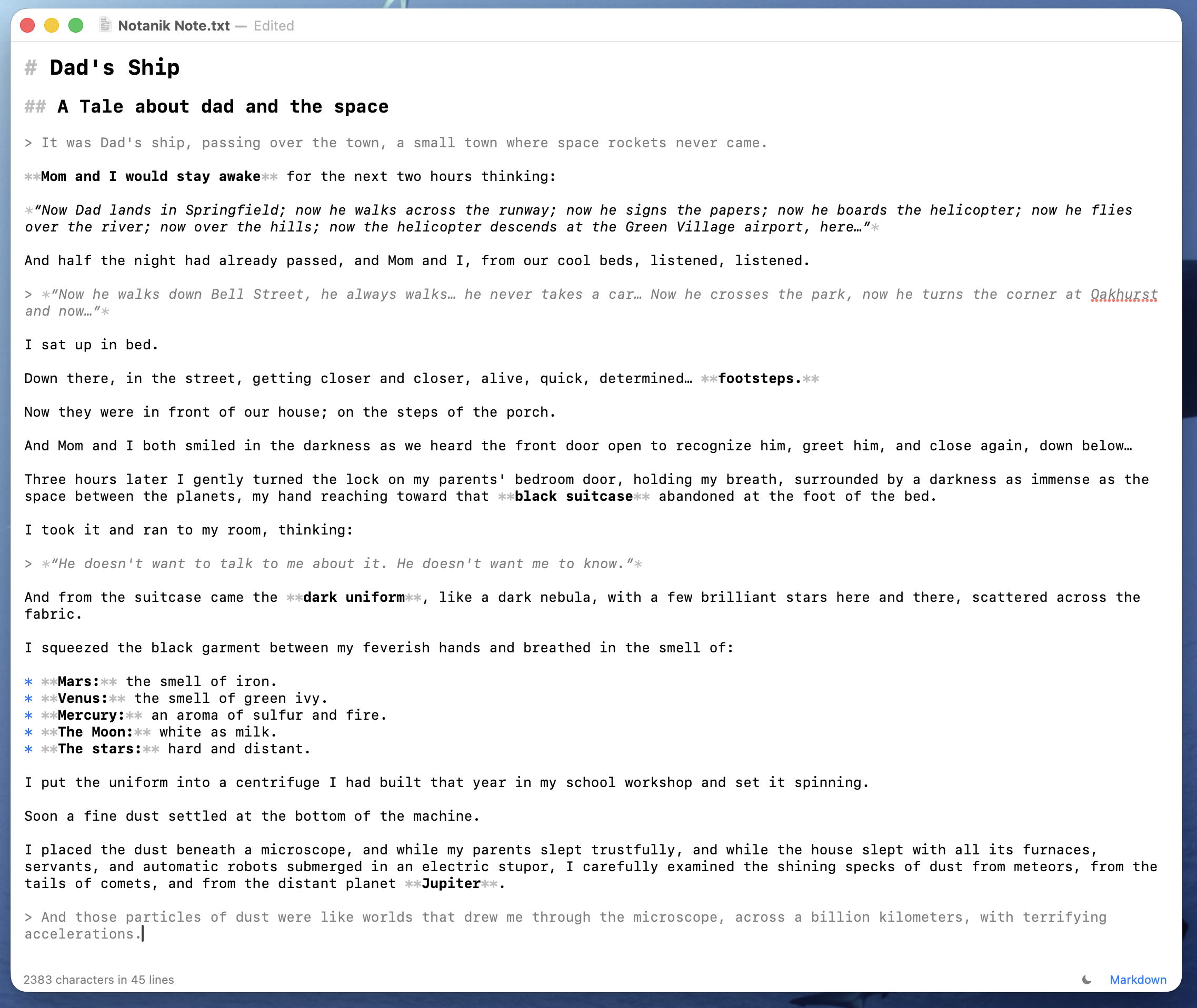 Notanik showing a note with Markdown highlighting